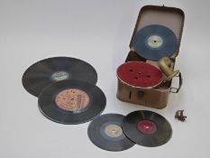 German children's miniature record player, probably Bing, together with various records