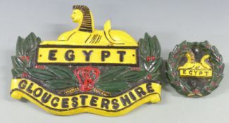 Two Gloucestershire Regimental plaques, back badge and cap badge