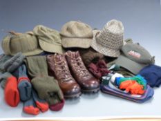 A collection of gentleman’s shooting clothing including The Brasher Boot Co size 9 waking boots,