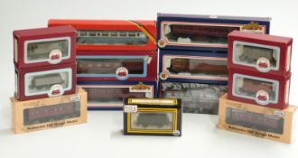 Thirteen Bachmann, Hornby and Dapol 00 gauge coaches, wagons and vans, all in original boxes