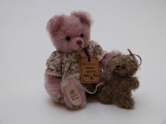 Two Robin Rive Teddy bears Bella Rose with pink mohair, jointed limbs and floral dress limited