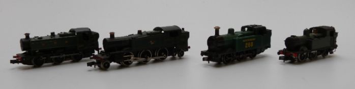 Four Graham Farish and Dapol N gauge tank locomotives GWR 0-6-0 1425 and 9409, SR 0-6-0 268 and BR