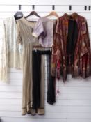 A possibly Edwardian spotted dress and shawl blouse, vintage fur trimmed embroidered jacket etc