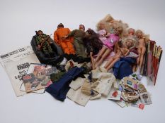 Ten Action Man, Barbie and similar dolls and action figures together with various accessories and