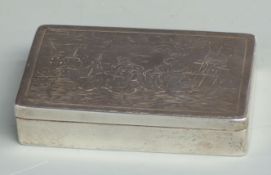 An 18thC white metal Naval interest box with engraved battle scene to lid and to base engraved