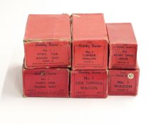 Six Hornby 0 gauge wagons comprising two Esso Petrol Tank Wagons, No.1 Side Tipping Wagon, No.1