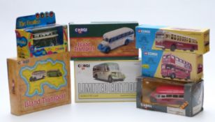 Seven Corgi diecast model buses and bus sets including The Beatles AEC Routemaster Liverpool