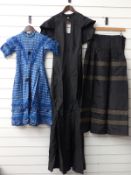 Victorian child's blue dress, black ladies dress and skirt