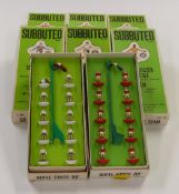 Eight Subbuteo table soccer teams comprising Liverpool 41, Brazil 50, West Ham 74, Wolves 77,