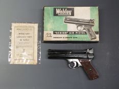 Webley Senior .22 air pistol with chequered Bakelite grips, in original box with outer sleeve,