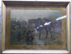 Anglo/ Zulu war picture/ print by Alphonse De Neuville depicting a 17th Lancer tending to his horse