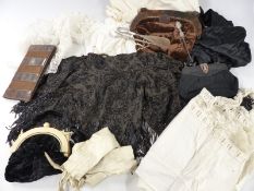 Edwardian beaded cloak, black satin jacket, Edwardian velvet bag, hallmarked silver handled button