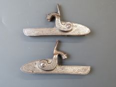 Pair of T Knight percussion gun locks with engraving of dogs and birds amongst foliate scrolls to