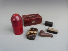 Three snuff boxes, a lacquered money box, cased Meerschaum pipe and a small cased bottle with