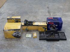 A quantity of tools including folding workbench skill saw, sander, circular saw etc