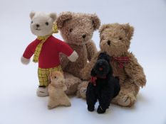 Six various teddy bears including a Steiff style hamster with blonde mohair and straw filled body, a