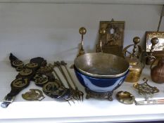 A quantity of brass and copperware including horse brasses, fire dogs, jam pan, kettles etc