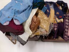 Suitcase of 1960's/70's vintage clothing including Sears suede and wool dress, waistcoats
