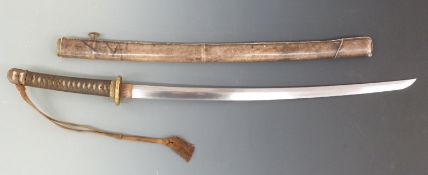 19thC Japanese katana with 27 inch steel blade, signed tsuka, gilt tsuba decoated with flowers,