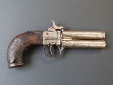 Unnamed 80 bore over and under percussion hammer action pocket pistol with engraved lock and hammer,