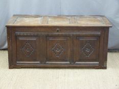 Antique oak coffer with panelled design and peg joints, W126 x D56 x H57cm