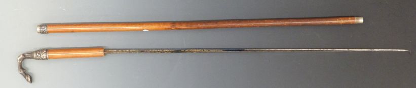 A 19thC swordstick with horse hoof finial. Damascene triangular concave blade with J E Moll mark.