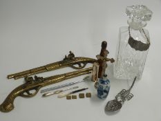 Signed Nigel Hemming print, brass wall hanging, pistols, shotgun, cartridge pepper etc.