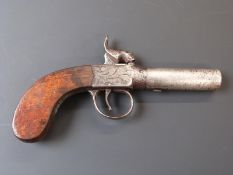 Percussion hammer action pistol with engraved lock, top plate and trigger guard, stylised hammer,