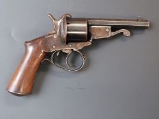 F Berger Javelle System 9mm six shot double action pinfire revolver with shaped wooden grips and 3.5