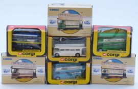 Seven Corgi diecast model buses and trams 469, 470, 480, 97265, 97267, 97268 and one other, all in