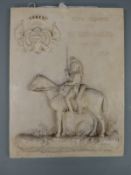 WWI French plaster wall plaque for the 10th Cuirassiers depicting a Royal crest and a mounted