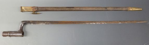 British Army Martini Heny style bayonet with leather scabbard, blade length 51cm