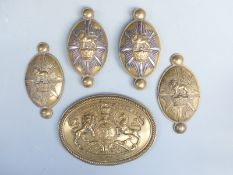 British Army Victorian brass horse furniture, four pieces together with further plaque with coat