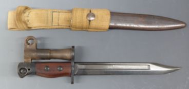 British Army Jungle No.5 carbine Enfield short bayonet with barrel end, sheath and webbing frog.