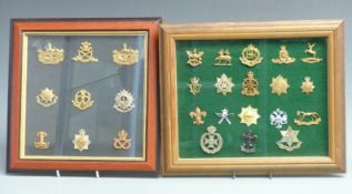 A collection of British Army cap badges mounted and framed to include 11th Hussars, 26th Hussars,