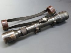 Ajack 4x90 German sniper rifle scope and mounts stamped ‘Berlin Germany’ with original leather scope