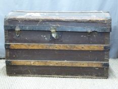 Dome topped wooden bound travelling trunk, length 82cm