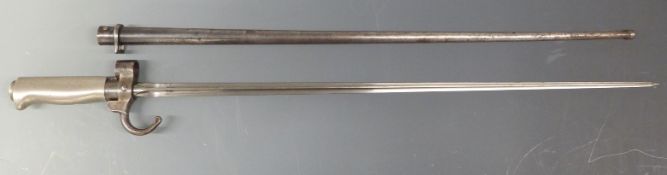 French 1886 'lebel' Bayonet stamped  79744 to quillion + L.F. to 52cm blade with metal scabbard.