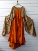 Pre-Raphaelite style dress or costume with brocade sleaves and pearl decoration