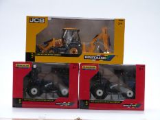 Three Britains 1:32 scale diecast model agricultural vehicles comprising JCB 3CX Backhoe Loader