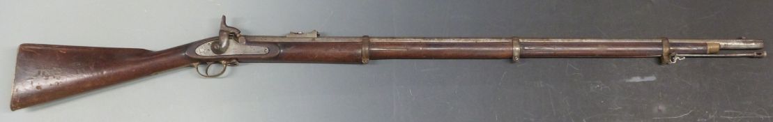 Enfield three band percussion hammer action gun with crown over V.R and other stamps to the lock,