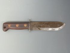 British Army survival knife with wooden handle and copper rivets, stamped to handle 1278214, blade