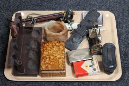 A tray of opera glasses, miniature sewing machine, pipe rack, cigarette case,