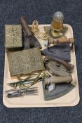A tray of brass table boxes, nut crackers,