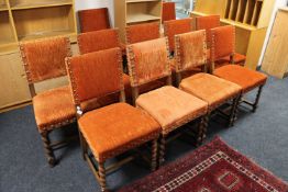 Eleven early 20th century oak barley twist dining chairs