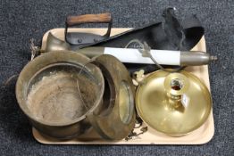 A tray of brass candlestick, eastern crescent moon brass mirror,