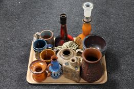 A tray of Danish pottery, mugs, candle holders, vases,