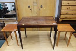 A Danish rosewood side table together with a pair of teak square lamp tables CONDITION