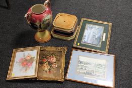 A Victorian transfer printed vase on stand together with two gilt framed oils - Still life,