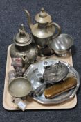 A tray of twentieth century plated ware including teapots, candlesticks,